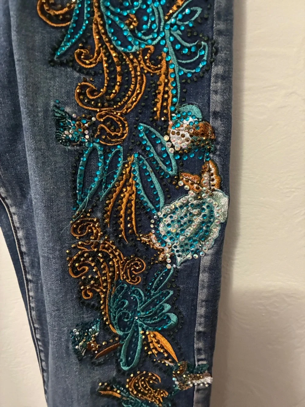 Juliette Embellished Dark Blue Jeans with Teal & Bronze Floral Detail - Picture 5 of 11